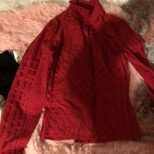 Red button up shirt and translucent tunic